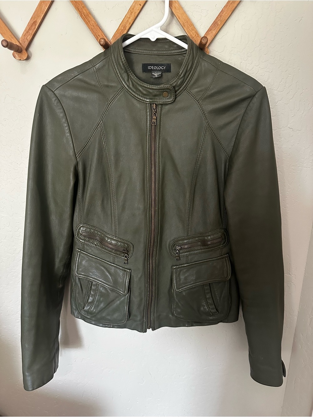 Ideology Olive Leather Moto Zip Jacket